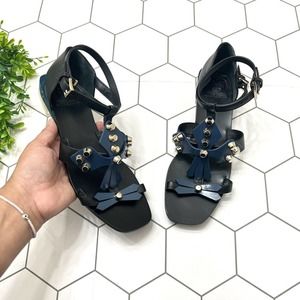 Tory Burch Aurora Leather Gold Studded Ankle-Strap Sandals Blue and Black Size 6
